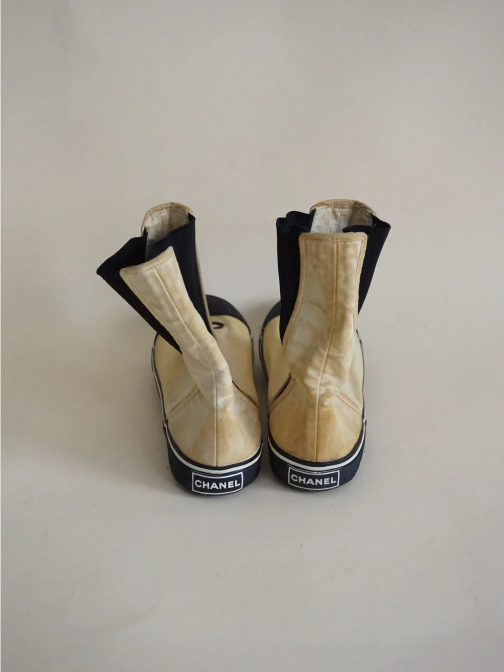 Vintage Chanel Ivory Cotton / Black Rubber Ankle Booties - Size 39 AS IS